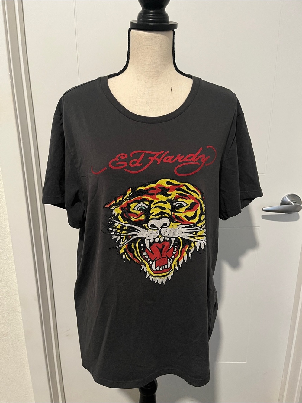 Ed Hardy Gray Rhinestone Tiger Design Graphic Short Sleeve Pullover T-Shirt